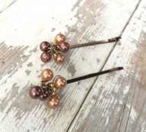 wedding photo - Champagne brown glass pearl bridal hair accessories wire wrapped beaded bobby pins woodland wedding hair pins fall bridesmaid hair jewelry