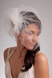 wedding photo - Bridal Veil Set, Tulle Side Blusher Birdcage Veil and Tulle Bridal Pouf with Crystal Brooch