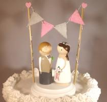wedding photo - Triangle Bunting with Custom Large Size Cake Topper Includes Bunting, Base, and 3D Bride and Groom