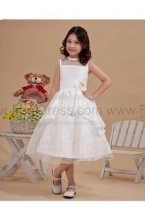 wedding photo -  Bateau Tea Length Ruched White Flower Girl Gowns