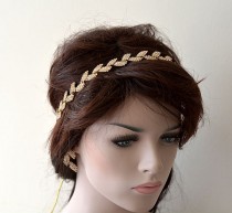 wedding photo -  Bridal Hair Accessory, Rhinestone headband, Wedding hair Accessory, Leaf Motif With Ribbons, Gold Color Rhinestone