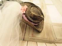 wedding photo - Bachelorette veil,  western cowgirl hat, vintage bride cowboy hat, bridal veil