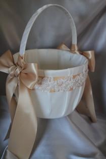 wedding photo - Large- Ivory or White Flower Girl Basket-Champagne Ribbons-Alencon Lace Pearls Sequins-Custom Ribbon Colors-Girls Age 8+ years