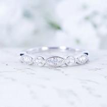 wedding photo - Art Deco Wedding Band - Half Eternity Band - Vintage Style Band - Sterling Silver Band - Marquise & Dot Ring - Stacking Ring - Milgrain Band