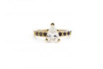 wedding photo - Yellow gold diamond engagement ring, vintage inspired 1 carat pear diamond, 18k and black diamond pave accent stones
