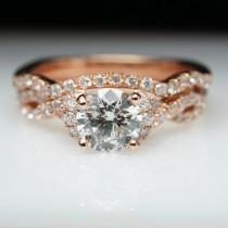 wedding photo - Criss Cross Half Halo Diamond Engagement Ring Solitaire Rose Gold Diamond Ring 14k Round Diamond Ring & Wedding Band Complete Bridal Set