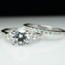 wedding photo - Beautiful 3 Stone Solitaire Diamond Engagement Ring & Wedding Band Complete Bridal Set Customizable Diamond Wedding Ring Carat Sizes