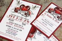 wedding photo - Rockabilly Wedding Invitation Set with sparrow lovebirds and roses. Steampunk heart wedding invitations.