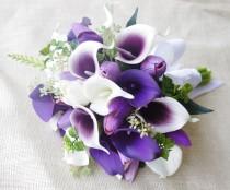 wedding photo - Wedding Bouquet Off White and Purple Heart Tulips and Calla Lilies Silk Flower Bride Bouquet - Almost Fresh