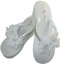 wedding photo - Bridal Wedge Flip Flops, Diamond bling wedding flip flop sandals for bride bridesmaid bridal- chiffon pearl flowers