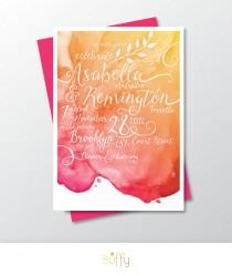 wedding photo - Calligraphy & Watercolor Invitation only . Gold Magenta Orange Fall and Puple Gray Custom Wedding . Beach Outside Wedding . PDF