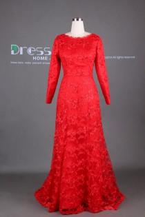 wedding photo - Red Long Sleeves Lace Wedding Dress/Red Lace Evening Gown/Long Prom Dress/Mother of the Bride Dress/Mother Dresses/Red Lace Dress DH368