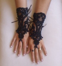 wedding photo - Free delivery Beaded goth gothic lace black Wedding gloves, Party gloves, bridal gloves fingerless gloves french lace vampire