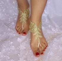wedding photo - Gold beach sandals barefoot lace free ship bridal burlesque wedding shoe sexy bellydance show party beachlife