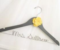 wedding photo - Grey & Yellow Flower Wire Wedding Hanger - Painted Dark Gray or other Custom Bridal Color, Personalized