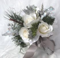 wedding photo - Winter wedding bouquet and boutonniere white roses silver glitter pine, green pine, and crystal gems winter wedding