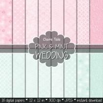 wedding photo - Wedding digital paper: "PINK & MINT WEDDING" with damask, quatrefoil, roses, flowers, lace, hearts patterns / pink mint wedding background
