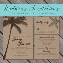 wedding photo - Beach Kraft Paper Wedding Invitation, palm trees, island, destination, seashell, starfish, Wedding Invitation, Printable, Template