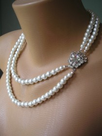 wedding photo -  GATSBY PEARLS, Pearl Necklace, Pearl Choker, Great Gatsby, Art Deco, Wedding Jewelry, Bridal Necklace, 2 Strand Pearls, Pearl and Rhinestone