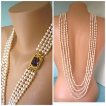 wedding photo -  BACKDROP Bridal Necklace, Pearl Backdrop Necklace, Amethyst Necklace, Bridal Jewelry, Long Pearl Necklace, Great Gatsby, Cream Pearls