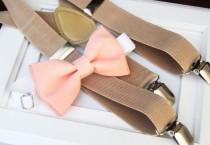 wedding photo - Peach bow-tie & Beige elastic suspenders set, boy's bow tie and suspenders set