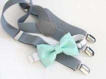 wedding photo - Mint green bow tie and light gray suspenders set