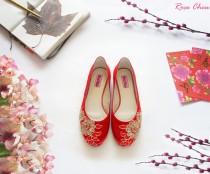 wedding photo - Bridesmaid shoes, bridal shoes, red ballet flats, red wedding shoes, lace wedding shoes, Chinese wedding, wedding flats, for her, size39-41