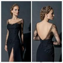 wedding photo - Zuhair Murad Long Sleeves Evening Dresses Split Side Formal Gowns Backless Beaded Sexy Neck Prom Gowns 2016 Online with $108.59/Piece on Hjklp88's Store 