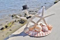 wedding photo - SALE- Bride and Groom Cake Topper White Pencil Real Starfish on a Giant Real Scallop - Customize your Wedding!