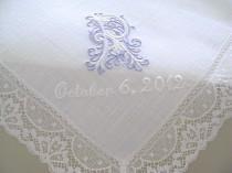 wedding photo - Wedding Handkerchief: White Irish Linen Lace Edge Handkerchief with Classic Zundt 1-Initial Monogram and Wedding Date