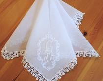 wedding photo - Wedding Handkerchief:  Vintage Inspired Extra Sheer Cotton Lace Handkerchief with Oval Embroidered Design 1 Initial Monogram