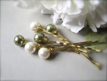 wedding photo - Hair Pin Pearls in Ivory and Green Swarovski