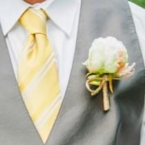 wedding photo - Wedding Flowers, White, Ivory silk flower Peony bud boutonniere wrapped in jute for a country wedding.