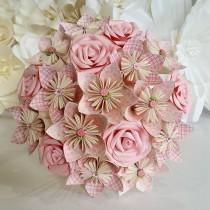 wedding photo - Paper Flowers Bouquet origami bridal stationary UK rustic romantic pink rose vintage floral theme silk foam button brooch dress anniversary