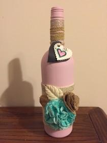 wedding photo - Pink Decorated Wine Bottle, Wedding Decor, Shower Decor, Home Decor