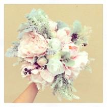 wedding photo - Amazingly natural bouquet for your wedding day..Dusty Miller, white lavender, pastel pink peony, ivory rose bouquet with blueberry accents