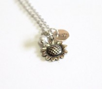 wedding photo -  Sunflower Sterling Silver Necklace, Sunflower Necklace, Tiny Silver Necklace, Personalized Silver Disc, Monogram Charms, Silver Personalized