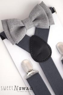 wedding photo - SUSPENDER & BOWTIE SET.  Newborn - Adult sizes. Dark Grey / Gray Suspenders. Light grey chambray bowtie.