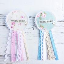 wedding photo - Bride To Be Rosette Badge - Pastel Colours -  Lace Ribbon Vintage Shabby Chic Hen Party Badge