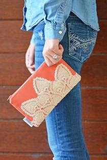 wedding photo - Coral Vintage Lace Doily Zippered Clutch