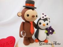 wedding photo - Custom Wedding Cake Topper--Monkey and Penguin Love with Wedding Ring and circle clear base