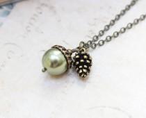 wedding photo - Green Pearl Acorn Necklace with Pinecone Charm Pendant Autumn Jewelry Woodland Necklace Mighty Oak Gift Under 25 Christmas Stocking Stuffer