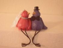 wedding photo - Small Wooden Love Birds Couple Wedding Cake Topper / Edge Sitting Cake Topper Lovebirds