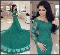 wedding photo - Designer Arabic Turquoise Green Mermaid Evening Dresses Long Sleeves 2016 Cheap Sexy Lace Appliques Formal Party Prom Gowns Celebrity Dress Online with $141.1/Piece on Hjklp88's Store 