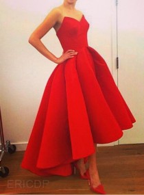 wedding photo - 2016 Bright Red Sweetheart Hi Lo Prom Dresses Plus Size Satin Back Zipper Ruffles Gorgeous Sexy Girl Party Evening Gowns High Low Affordable Online with $79.83/Piece on Hjklp88's Store 