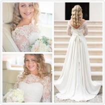 wedding photo - A Line Wedding Dress Actual Picture 2016 Lace Bohemian Wedding Gowns Vintage Off The Shoulder Low Back Covered Buttons 3/4 Long Sleeves Online with $124.61/Piece on Hjklp88's Store 