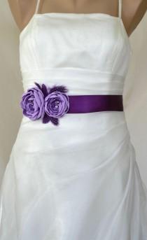 wedding photo - Handcraft Lavender and Purple Two Flowers With Feathers Wedding Bridal Sash Belt