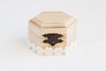 wedding photo - Small hexahedral rustic style wedding box with a white lace trim - Natural wood, ring bearer, rustic, ecofriendly
