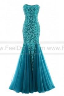 wedding photo -  Strapless Mermaid Sweetheart Long Sequins Ruching Tulle Prom Evening Dress