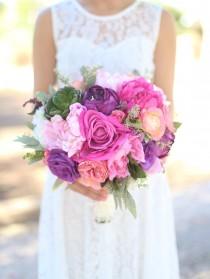 wedding photo - Silk Bride Bouquet Purple Lavender Pink Roses Peonies Wildflowers Succulents Natural Bouquet Shabby Chic Vintage Inspired Rustic Wedding